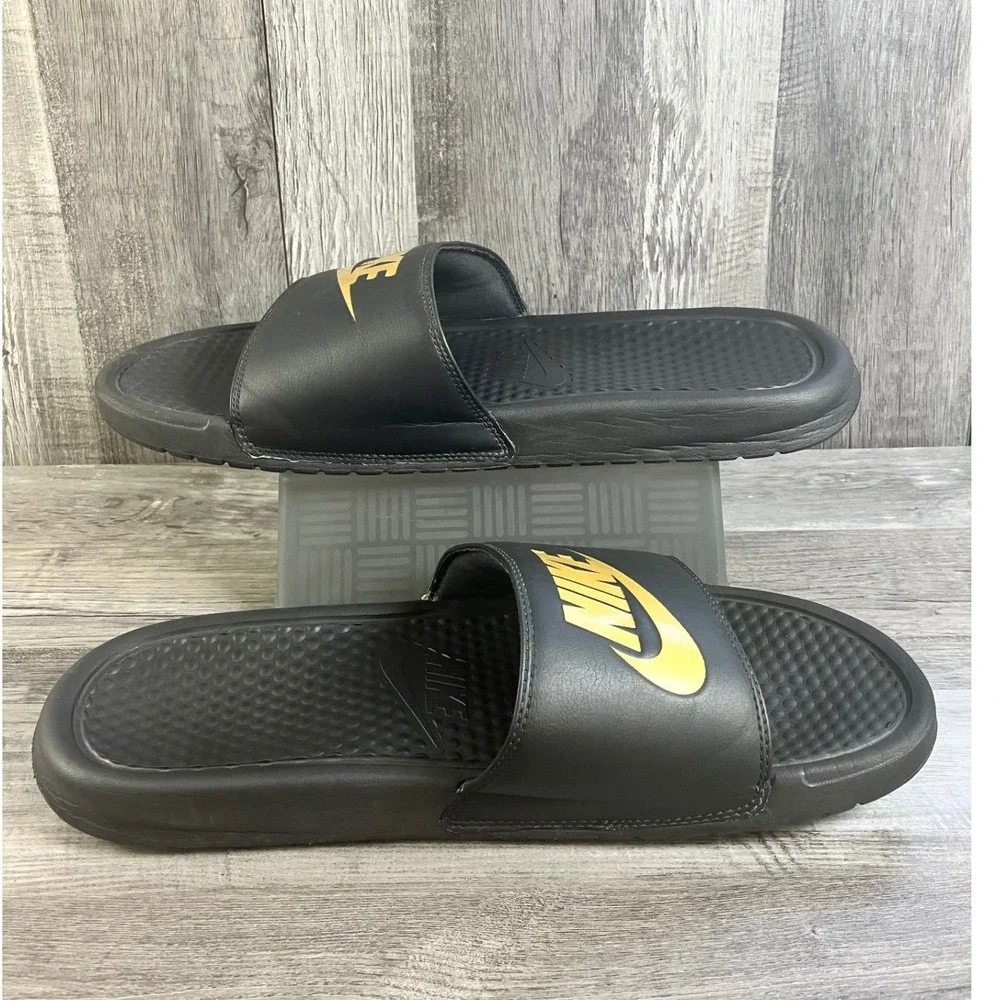 Nike Benassi JDI Slides Mens 12 Black Metallic Gold Sandals 343880-016